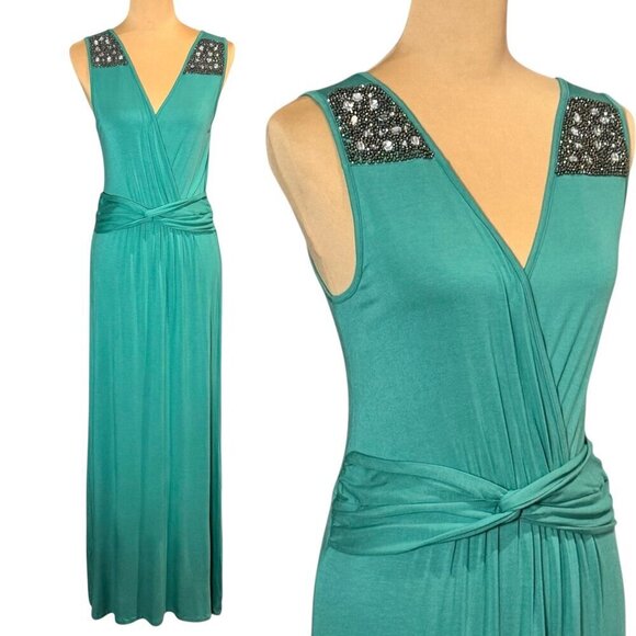 NWOT Boho Beaded Maxi Dress Sz.M Green Teal Sleeveless Event Festival Summer - Picture 1 of 13